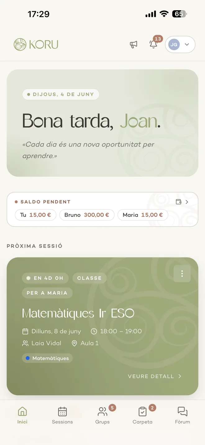 Pantalla d'inici de l'app Koru amb el saldo pendent i la pròxima sessió